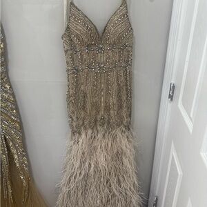 Jovani Gold Beaded Feather Dress